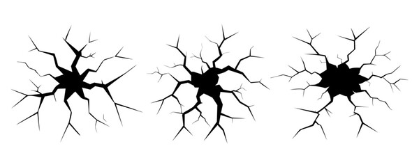 Ground cracks, breaks on land surface. Vector realistic set of fissure in ground, crevices from disaster or drought, black fractures top view