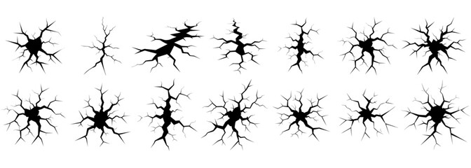 Ground cracks, breaks on land surface. Vector realistic set of fissure in ground, crevices from disaster or drought, black fractures top view