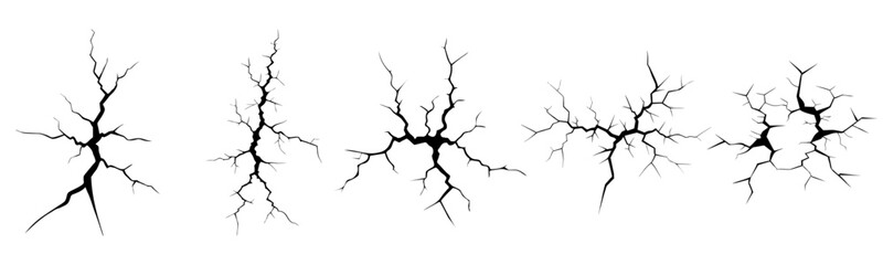 Ground cracks, breaks on land surface. Vector realistic set of fissure in ground, crevices from disaster or drought, black fractures top view