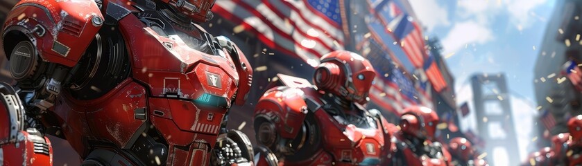 Obraz premium Independence Day parade with android robots, red white and blue floats, high-resolution, festive and vibrant, realistic detail
