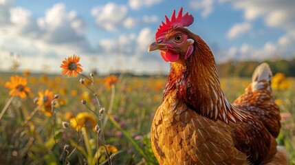 An image of a chicken in a field with autumn leaves and sunset providing a warm backdrop