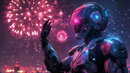 Obraz premium Patriotic android robot saluting in front of fireworks, Independence Day celebration, high-definition, dynamic lighting