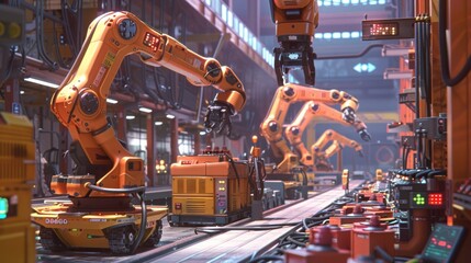 A factory with robots working on a conveyor belt