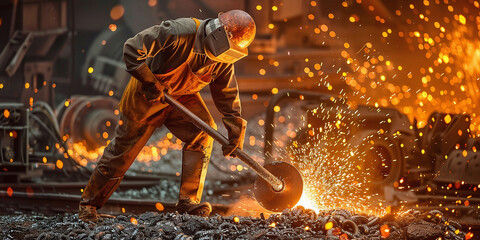 A steelworker forging molten metal in a fiery industrial setting