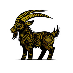 vector illustration of goat, full body, simple flat style with colorful patterned decoration in the style of light brown background, black silhouette
