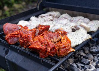 A close-up view of marinated meat being grilled over hot coals. The meat is arranged on a black grill grate and appears to be cooked to perfection.