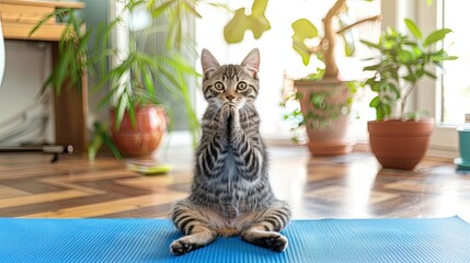Naklejka na ściany i meble Adorable tabby cat peacefully practicing yoga asana Generative AI