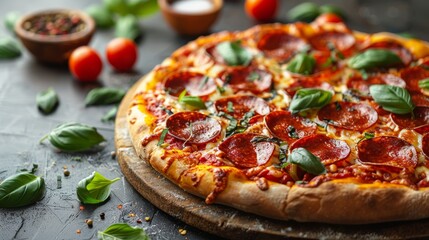 Appetizing pepperoni pizza with basil and cheese on a rustic wooden board