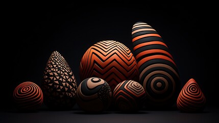Abstract 3D rendering of a group of Easter eggs with different patterns and colors on a dark background.