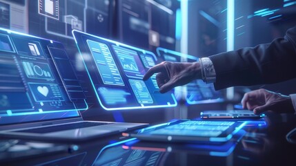 Digital Visionary Businessman Engaging with Holographic File System in HighTech Workspace