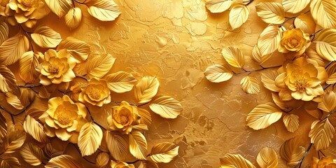 Flower, leaf oil painting style. Luminous golden texture.