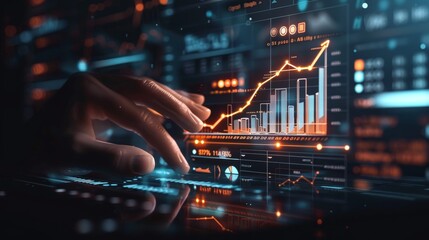 Dynamic Business Growth Hand Engaging with Illuminated Virtual Bar Graph on Dark Background