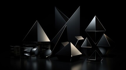 3D rendering of a group of black geometric shapes on a black background. The shapes are arranged in...