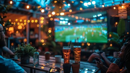 A group enjoys a sports game on a TV at an outdoors bar, with vibrant evening lighting