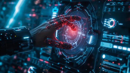 Touch of Tomorrow Human Hand and Holographic Robotic Arm Merge in Futuristic Medical Technology Display SciFi HighTech Concept with Red Glowing Points and Data Visualization on Blue Background