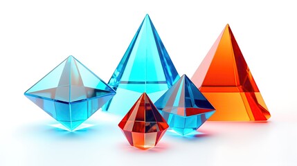 Obraz premium 3D rendering of blue and red crystal pyramids and diamonds on a white background.