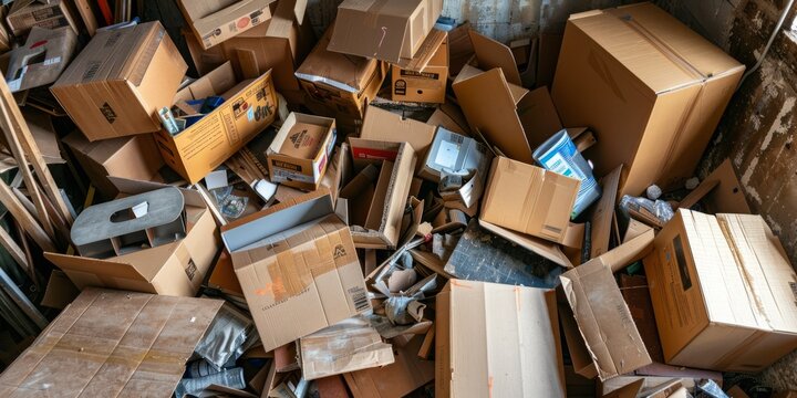 A disorganized heap of various cardboard boxes waiting to be unpacked in a messy storage room