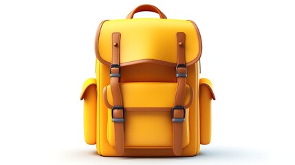 3D rendering of a yellow leather backpack with brown straps and buckles. The backpack is isolated on a white background.