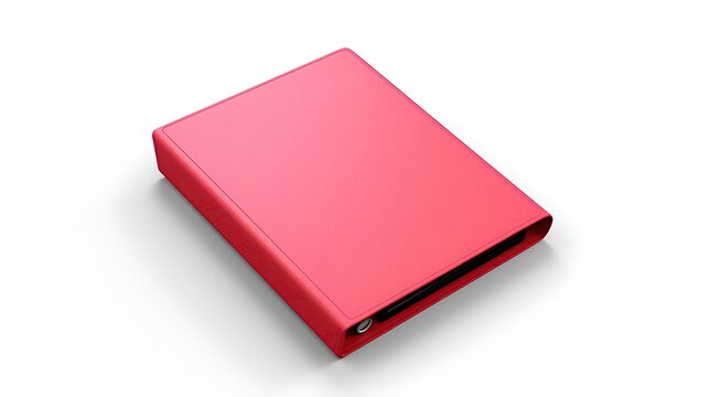 **Image description:**  A red binder is sitting on a white surface. The binder is closed and has a smooth, matte finish.