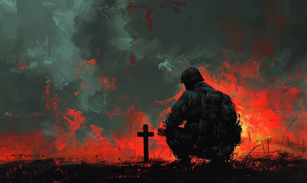 Christian soldier praying with cross in the background. Digital painting