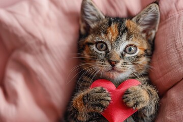 Naklejka premium A cute kitty with a paper heart in its paws on a pink background with a copy of the space