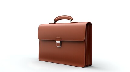 3D rendering of a brown leather briefcase with silver metal hardware. The briefcase is closed and sitting at a slight angle on a white surface.