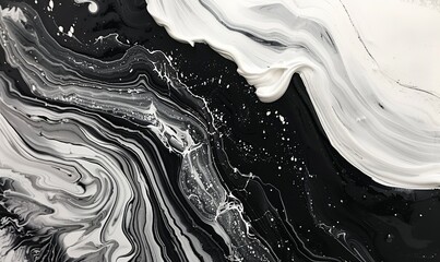 Flowing Modern Acrylic Pour Background in Beautiful Black and White colors. Liquid texture with White Particles