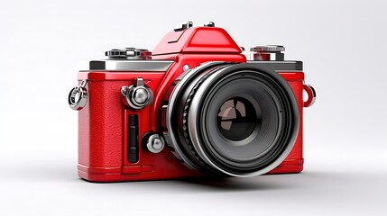 This is a 3D rendering of a red vintage camera. The camera has a silver lens and a black viewfinder. The camera is isolated on a white background.
