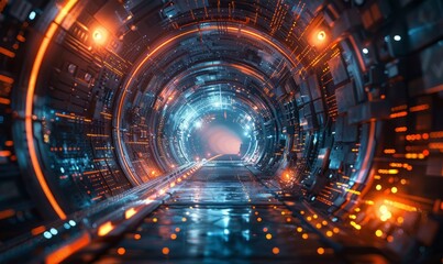 Fototapeta premium Futuristic Metaverse Tunnel with Polygon Shapes and Circuit Boards