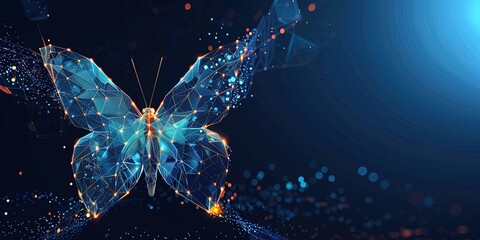 Future polygonal butterfly on a blue background. A glowing insect in a crisis or investment situation.