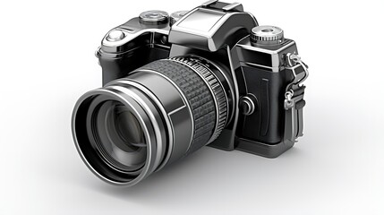 A black and silver camera with a large lens. The camera is sitting on a white surface. The camera is in focus and the background is blurred.