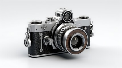 A retro camera with a modern twist. The camera is made of metal and has a brown leather grip. The lens is made of glass and has a wooden surround.