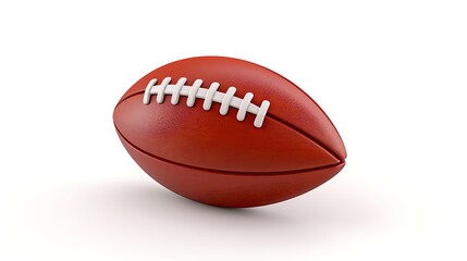 3D rendering of an American football ball. The ball is brown and has white stripes. It is sitting on a white surface. The background is white.