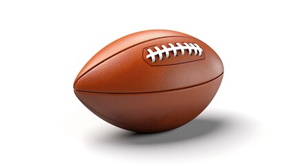 3D rendering of an American football ball. The ball is brown and has white stripes. It is sitting on a white surface. The background is white.