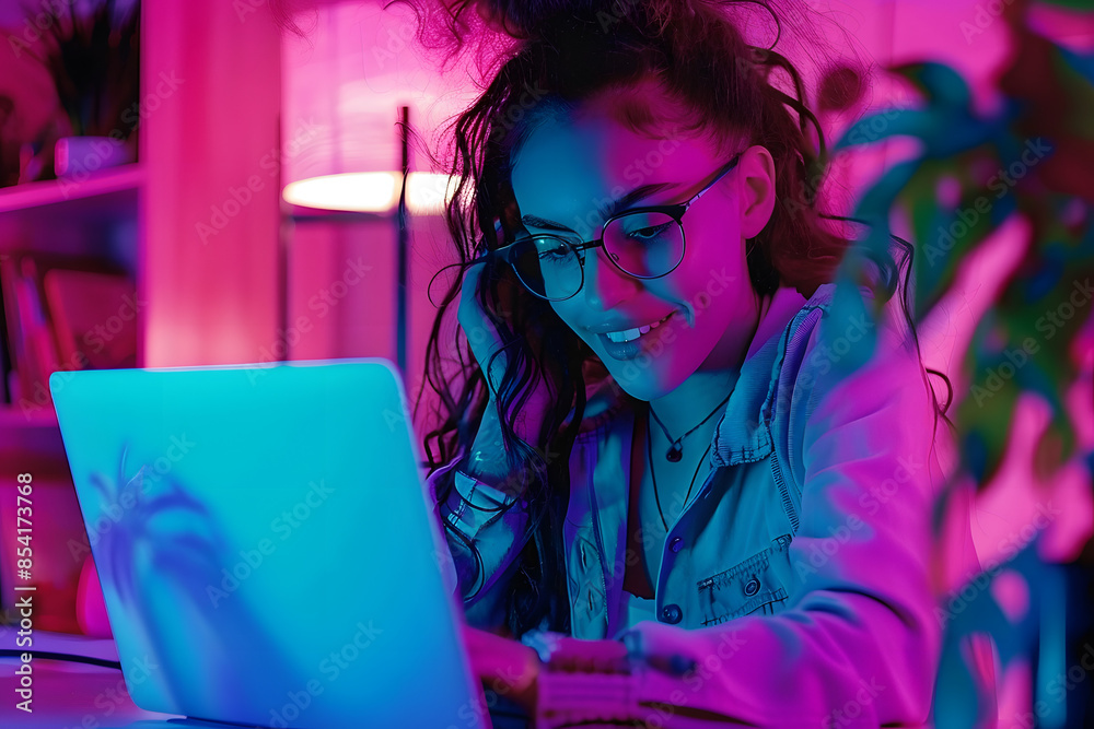 Sticker Woman working on laptop in pink neon light