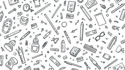 Obraz premium School supplies seamless pattern. Education accessories pencil and pen notebook black line doodle cartoon isolated on white background creative design textile. AI generated illustration