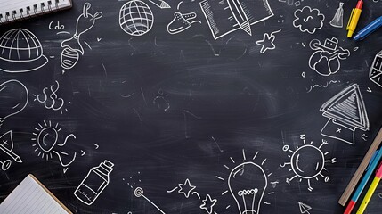 Creative educational sketch on blackboard background with copy space. Education and knowledge concept. AI generated illustration