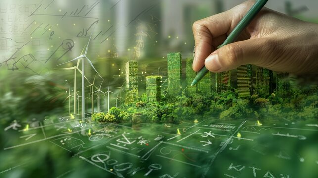 Green City Harmony Sustainable Urban Development in a Digital World EcoFriendly Buildings Wind Turbines and Nature Integrated Conceptual Art Stock Image - Powered by Adobe
