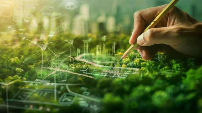 Green City Harmony Sustainable Urban Development in a Digital World EcoFriendly Buildings Wind Turbines and Nature Integrated Conceptual Art Stock Image