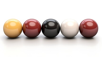3D rendering of a row of five billiard balls in different colors on a white background.