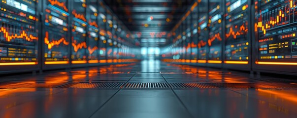 An avant-garde viewpoint of a futuristic trading floor with glowing stock market data screens