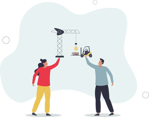 Cartoon people loading boxes of humanitarian aid with forklift, construction crane.flat illustration