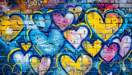 Obraz premium Vibrant graffiti mural of hearts on an urban brick wall, with bright blue and yellow hues, depicting the joyous spirit of Valentine's Day.