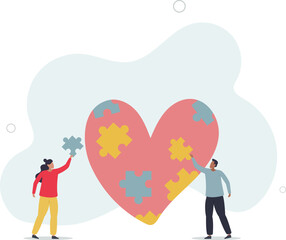 Charity project, non profit organization .Cartoon tiny volunteers fit puzzles into heart.flat illustration.