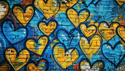 Obraz premium Vibrant graffiti mural of hearts on an urban brick wall, with bright blue and yellow hues, depicting the joyous spirit of Valentine's Day.
