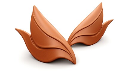 Obraz premium 3D rendering of two brown chocolate leaves on a white background. The leaves have a smooth, glossy surface and are slightly curled at the edges.