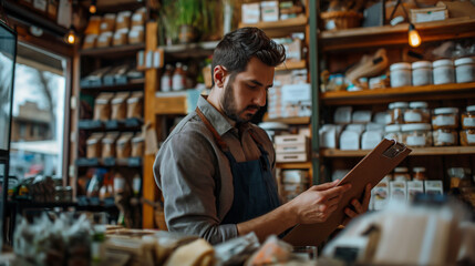 Obraz premium A small business owner diligently counting stock in their shop using a clipboard and pen to tally inventory