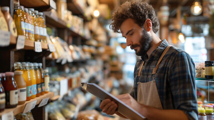 Fototapeta premium A small business owner diligently counting stock in their shop using a clipboard and pen to tally inventory