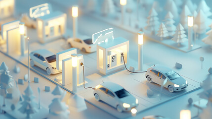 Concept of a futuristic minimalistic charging station powering up electric white cars at night