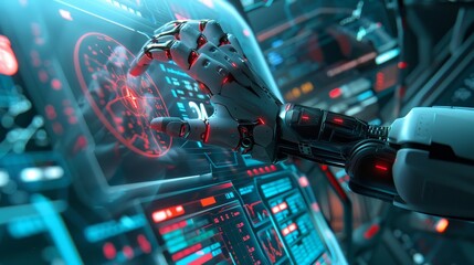 Future Medicine Human Hand Analyzing Robotic Arm with Holographic Data in SciFi Art Style